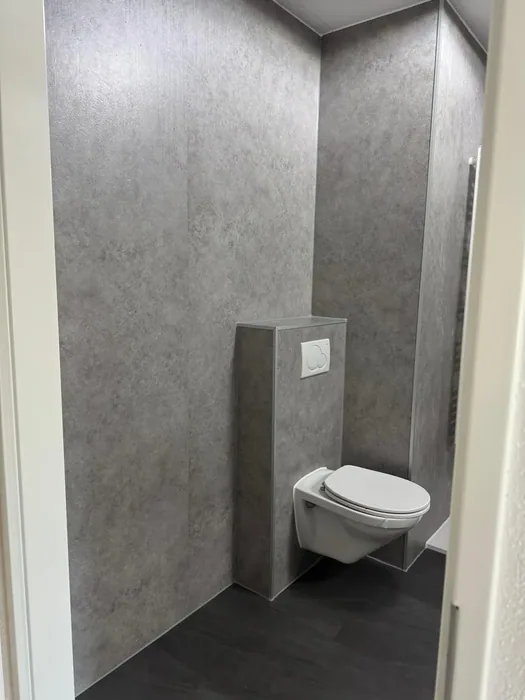 Toiletruimte rondom bekleed met grijze steenlook wandpanelen en een hangtoilet op een voorzetwand
