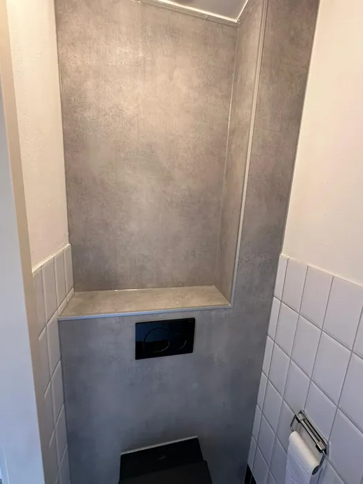 Toiletruimte met grijze panelen boven een voorzetwand met zwarte drukplaat