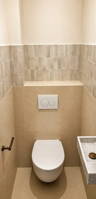 Hangtoilet met witte drukplaat, beige wandtegels en een klein stenen fonteintje